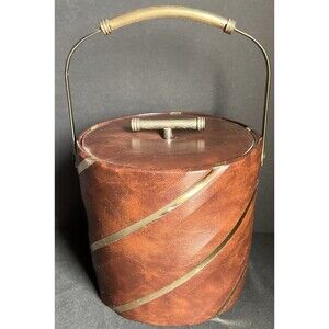 Vintage Mid Century Ice Bucket Brown Faux Leather with Gold Look Strap & Handle